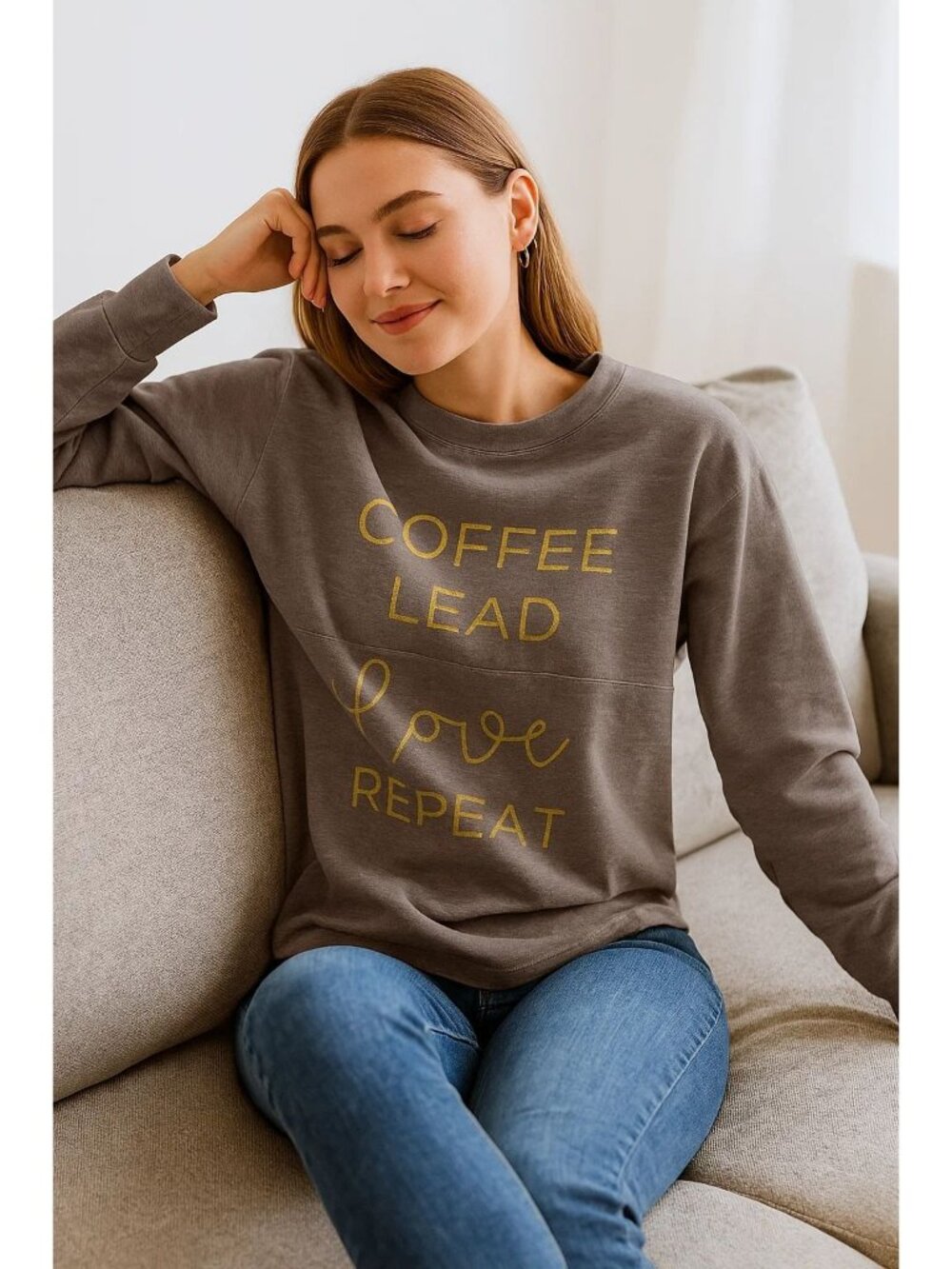 MV Sport Coffee Lead Love Repeat Oversized Sweatshirt Small Gray Cotton Blend